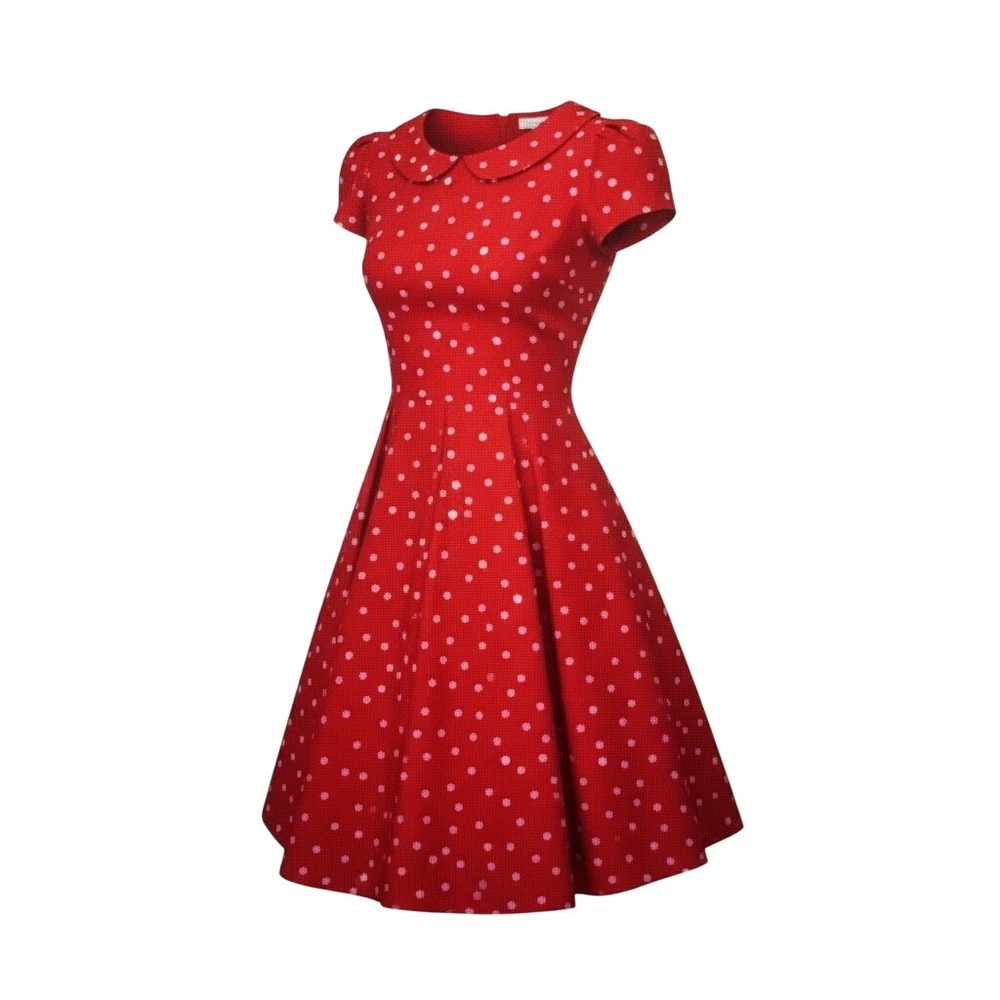 GownTown‎ Polka Dot Swing Dress Medium Red Retro 50s Rockabilly Peter Pan Collar